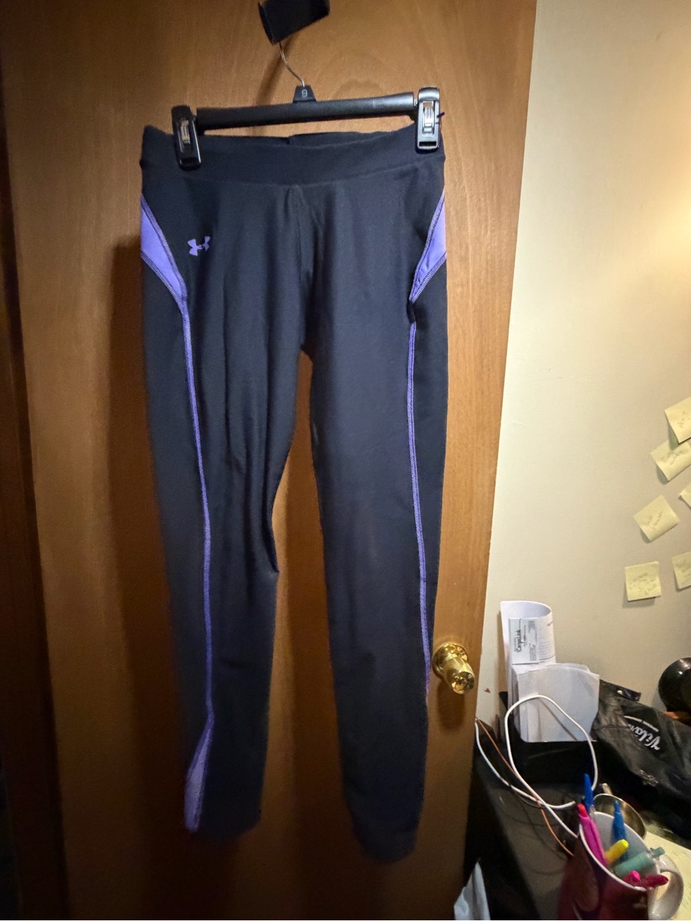Under Armour Black Leggings with Purple Trim size large